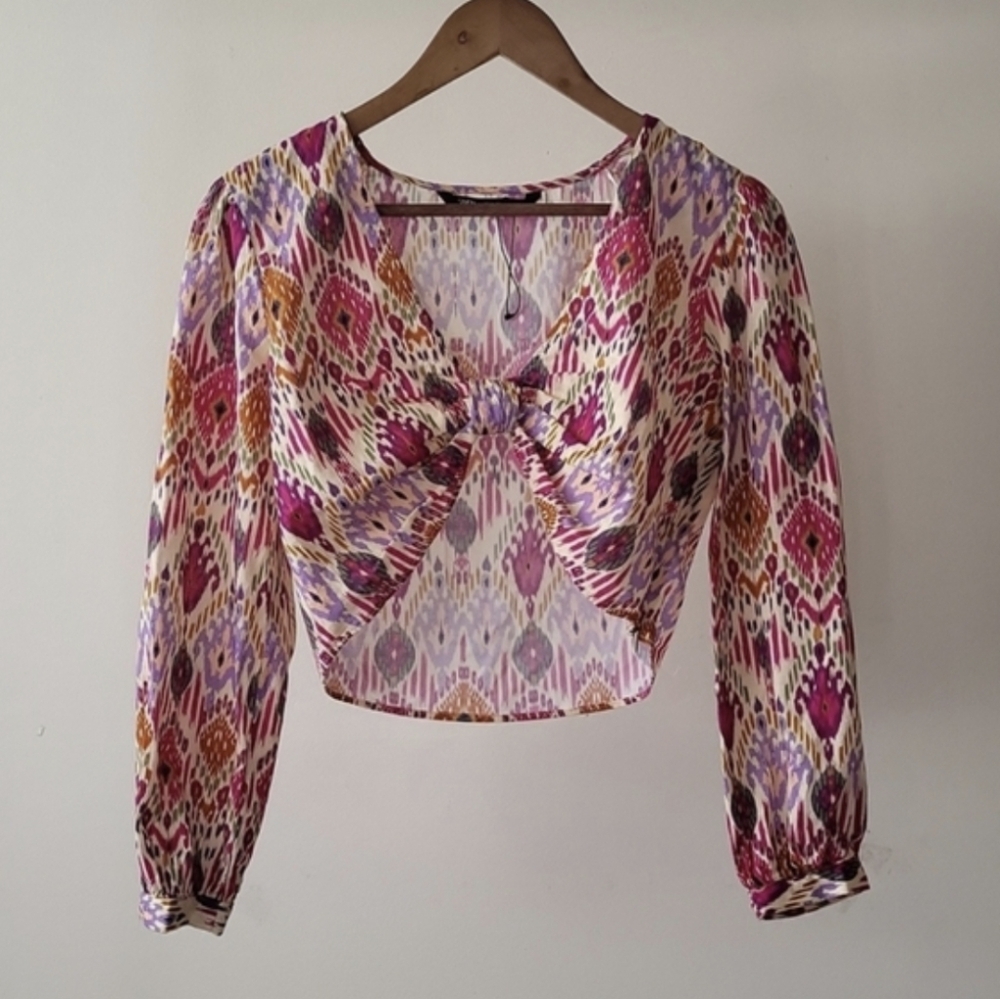 Zara Multicolor Ikat Twist-Front Crop Top